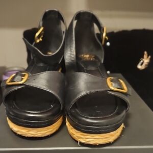 Vince Camuto Black Platform Wedge Sandals with Gold Buckles